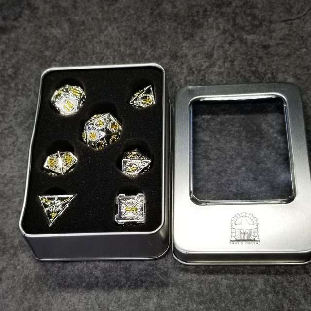 Sage's Knight's Valor - Truesilver Gold Ink Metal Polyhedral Dice Set image 11