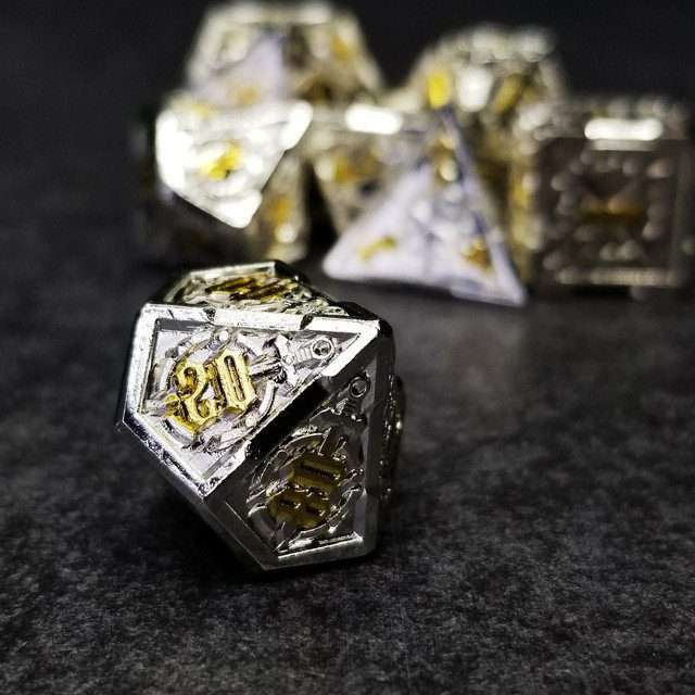 Sage's Knight's Valor - Truesilver Gold Ink Metal Polyhedral Dice Set image 4