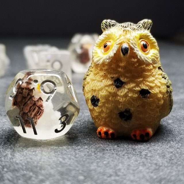 Sage's Baby Owl Familiar Resin Polyhedral Dice Set image 2