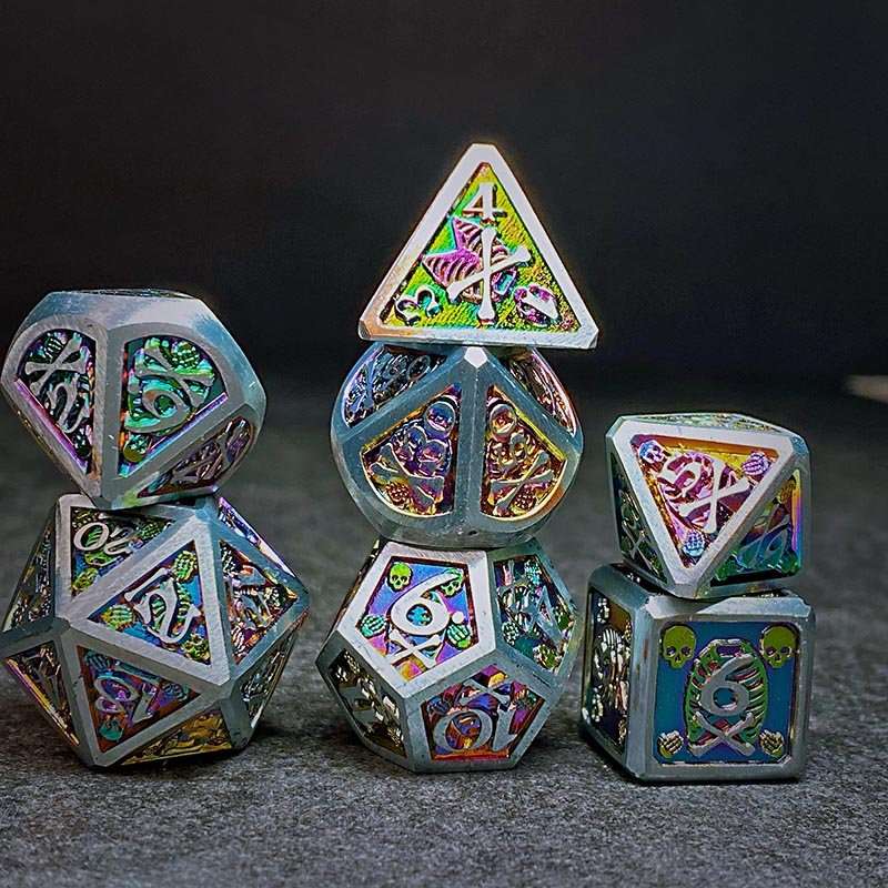 Sage's Grim's Fortunes - Silver/Holo Skull-Bones Metal Polyhedral Dice Set image 8