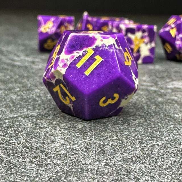 Sage's Treasures - Spotted Purple/White Stone Polyhedral Dice Set image 2