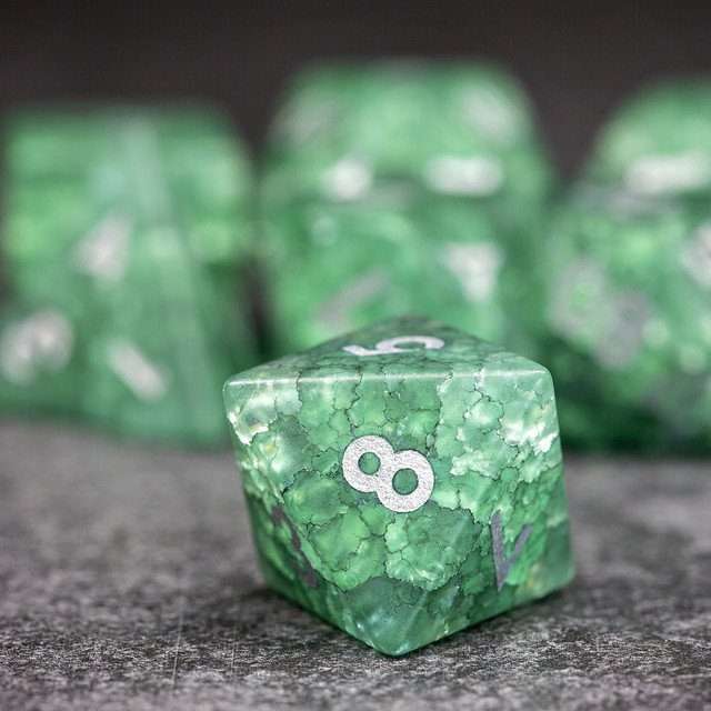 Sage's Kaleidoscopes Green/Mica Cracked Glass Frosted Finish Polyhedral Dice Set image 5