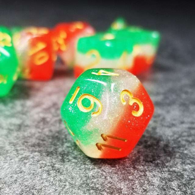 Sage’s Cantrips - Red/White/Green Watermelon Resin Polyhedral Dice Set image 7