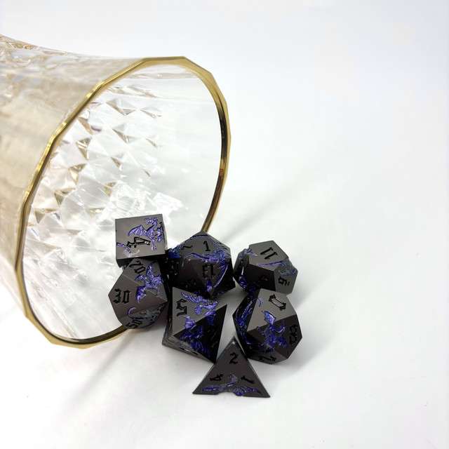 Sage’s Dragon Etchings Black/Purple Metal Polyhedral Dice Set image 9