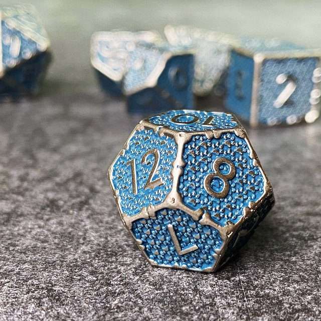 Sage's Hounds - Vintage Blue with Nickel Silver Metal Polyhedral Dice Set image 8