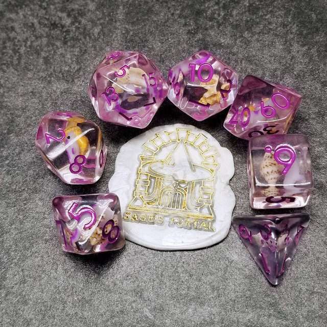 Sage's Familiars - Purple Fish and Sea Shell Familiar Resin Polyhedral Dice Set image 8
