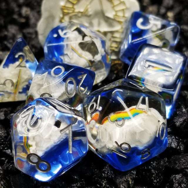 Sage's Familiars - Enchanted Rainbow and Clouds Resin Polyhedral Dice Set image 8