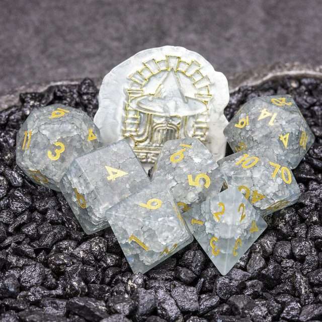 Sage's Kaleidoscopes White/Mica Cracked Glass Frosted Finish Polyhedral Dice Set image 10