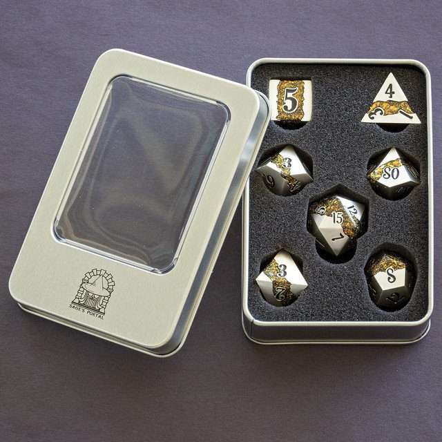 Sage's Rift Stones - Pearl Silver/Chartreuse Metal Polyhedral Dice Set image 11