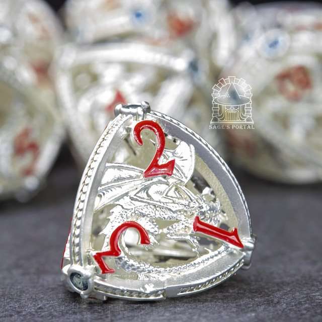 Sage’s Dragon Orb Silver Blue Diamond Hollow Metal Polyhedral Dice Set image 7