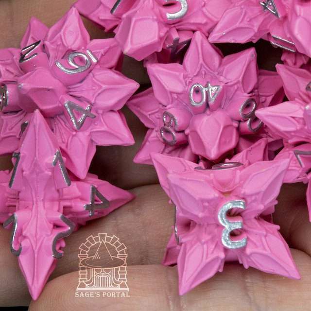 Sage's Deadly Blossoms Painted Pink Metal Polyhedral Dice Set image 10