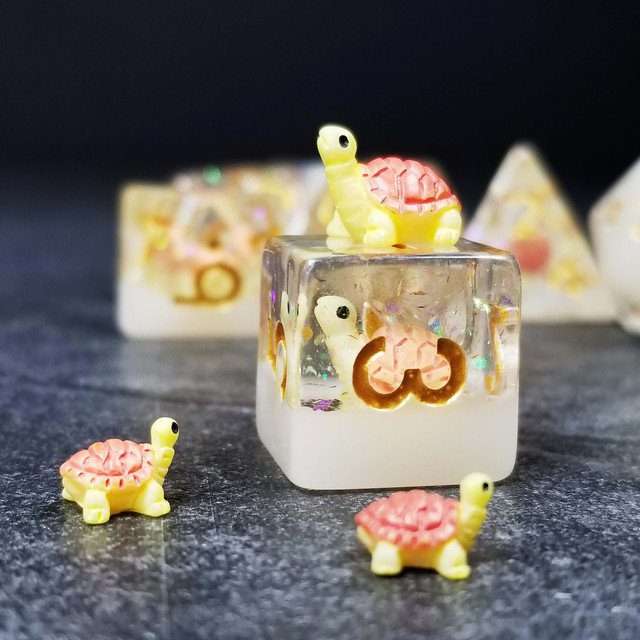 Sage's Familiars- Pink Baby Turtle Familiar Resin Polyhedral Dice Set image 3