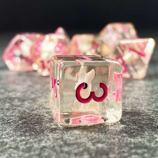 Sage's Familiars- Bunny Familiar Resin Pink Polyhedral Dice Set image 12