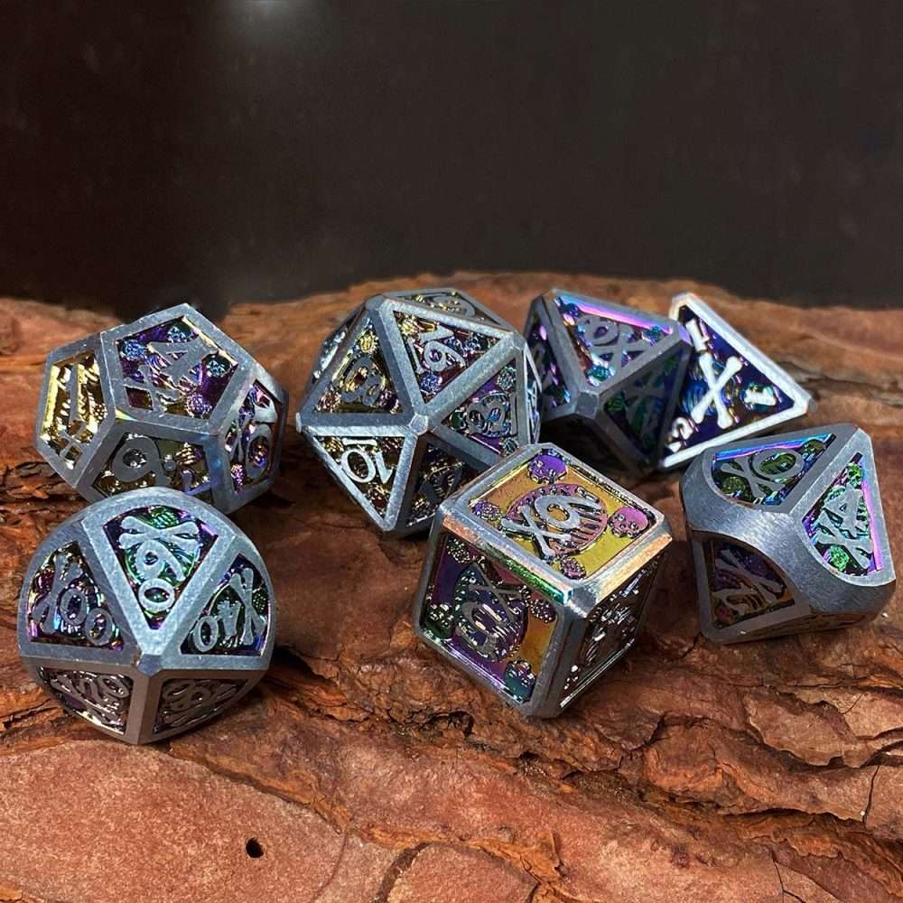 Sage's Grim's Fortunes - Silver/Holo Skull-Bones Metal Polyhedral Dice Set image 10