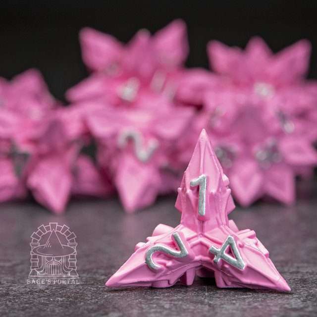 Sage's Deadly Blossoms Painted Pink Metal Polyhedral Dice Set image 7