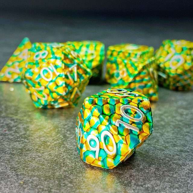 Sage's Dragonstones - Scaled Eggs Green/Yellow Metal Polyhedral Dice image 3