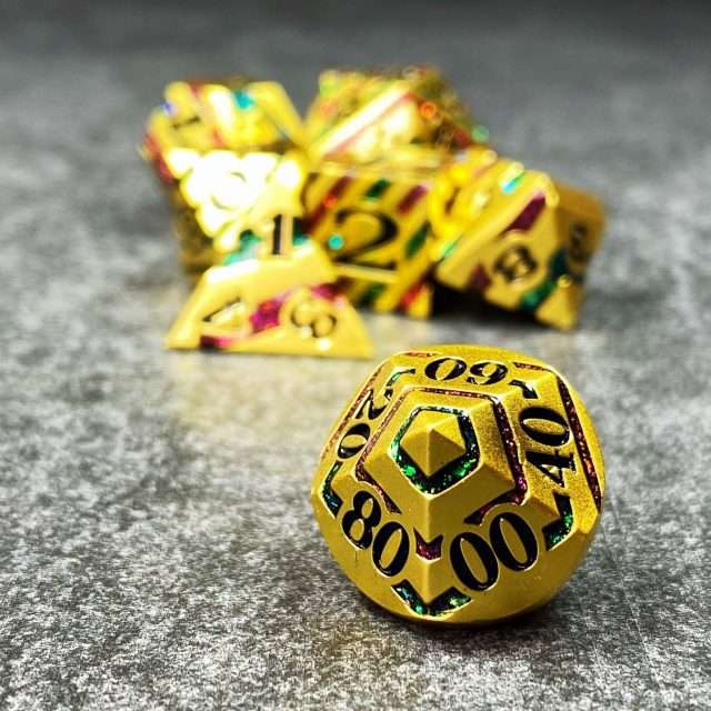 Sage's Dimension Stones - Gold Purple/Green Glitter Stripes Metal Polyhedral Dice Set image 4