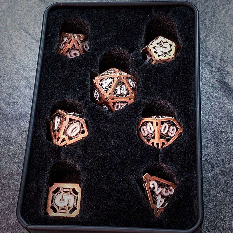 Sage's Gnomish Trinkets - Hollow Copper Spider Trinket White Ink Metal Polyhedral Dice Set image 14