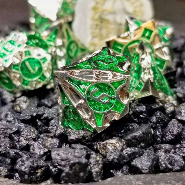 Sage’s Runic Caltrops Silver/Green Metal Polyhedral Dice Set image 3