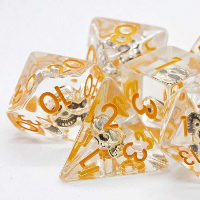 Sage's Familiars - Golden Skull Orange Ink Resin Polyhedral Dice Set image 0