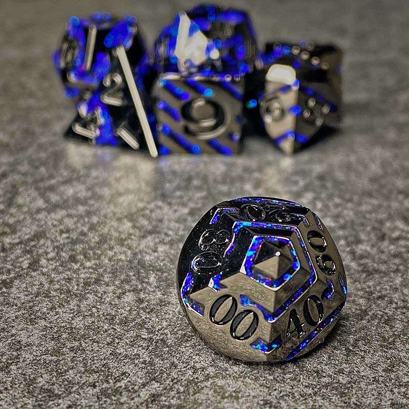 Sage's Dimension Stones - Dark Silver Glitter Blue Stripes Black Ink Metal Polyhedral Dice Set image 3