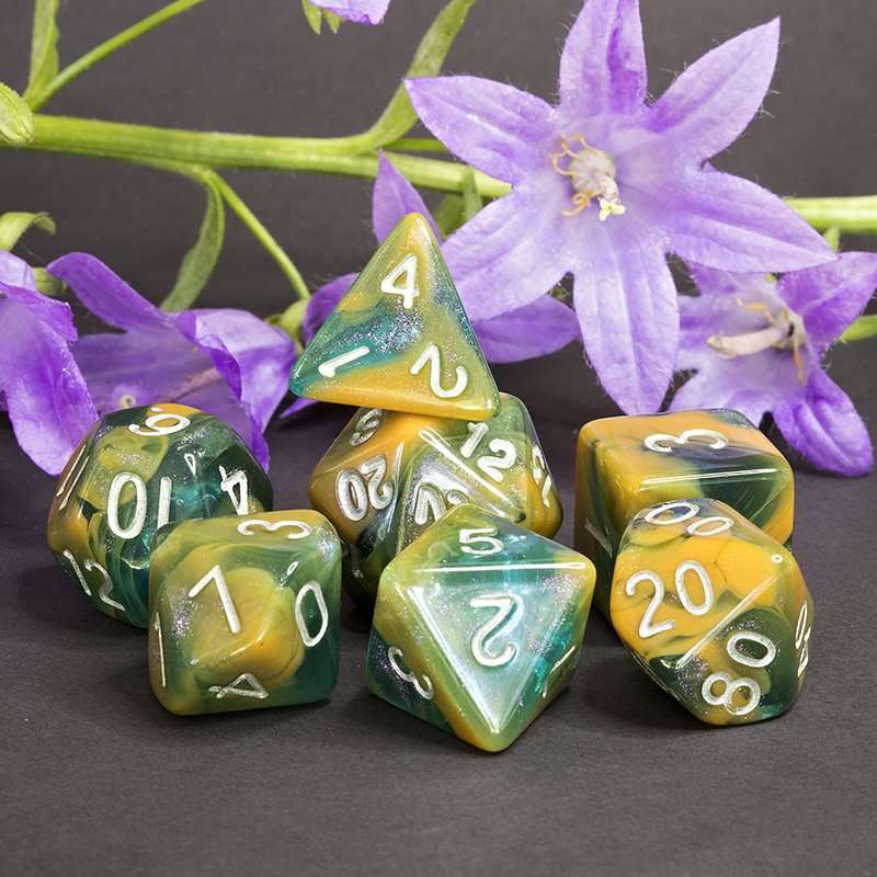 Sage's Shards - Caramel/Green/Turquoise Glitter and Silver Ink Acrylic Polyhedral Dice Set image 10