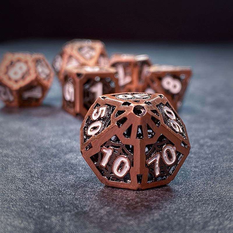 Sage's Gnomish Trinkets - Hollow Copper Spider Trinket White Ink Metal Polyhedral Dice Set image 4