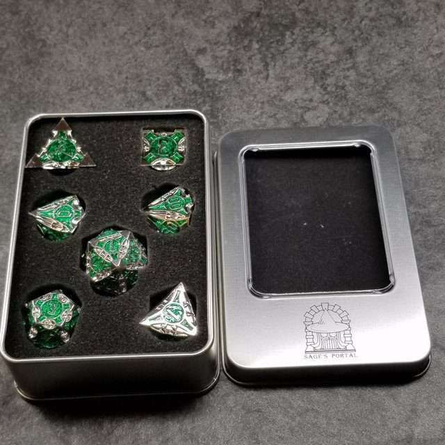 Sage’s Runic Caltrops Silver/Green Metal Polyhedral Dice Set image 9