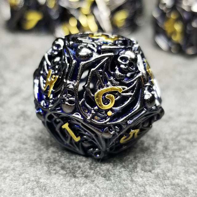 Sage's Macabre Bone Trinket Midnight Blue Inlay Black/Gold Ink Hollow Metal Polyhedral Dice Set image 1