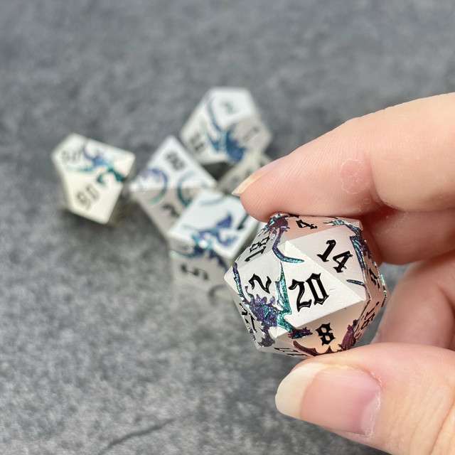 Sage’s Dragon Etchings Silver Teal/Purple Metal Polyhedral Dice Set image 5