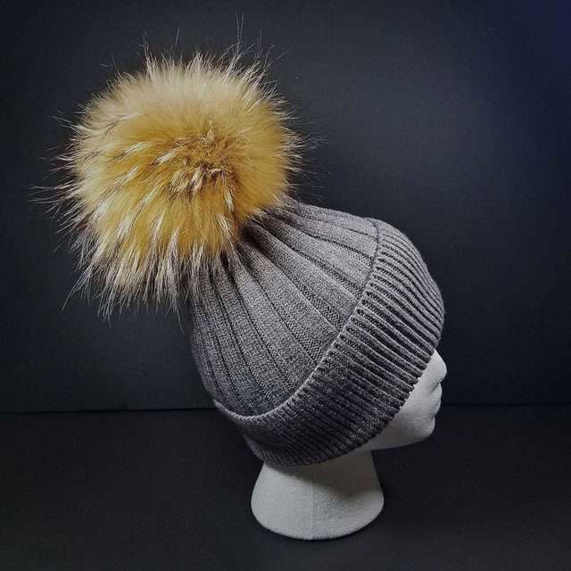 Sage’s Cap – Gray Wool Beanie with Raccoon Pompom image 0