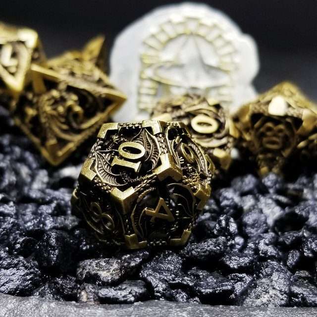 Sage’s Dragonstones Regal Dragon Bronze Hollow Metal Polyhedral Dice Set image 1