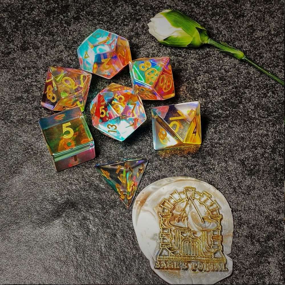 Sage's Treasures - Captured Rainbow Gold Ink Dichroic Glass Polyhedral Dice Set image 1