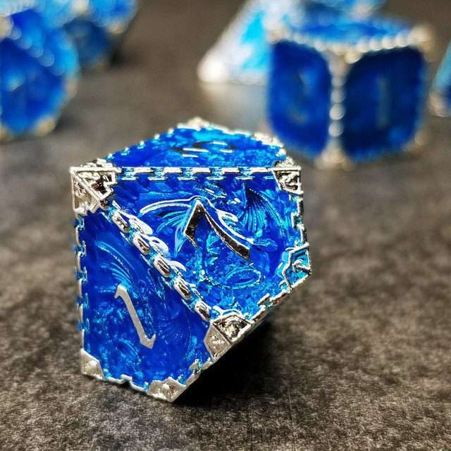 Sage's Dragonstones - Mystic Wyvern Sapphire and Silver Metal Polyhedral Dice Set image 4