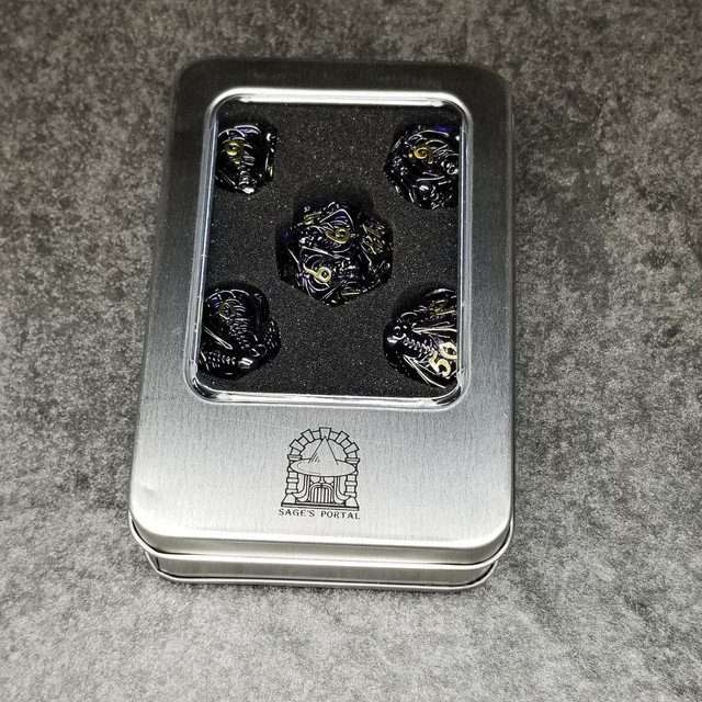 Sage's Macabre Bone Trinket Midnight Blue Inlay Black/Gold Ink Hollow Metal Polyhedral Dice Set image 10