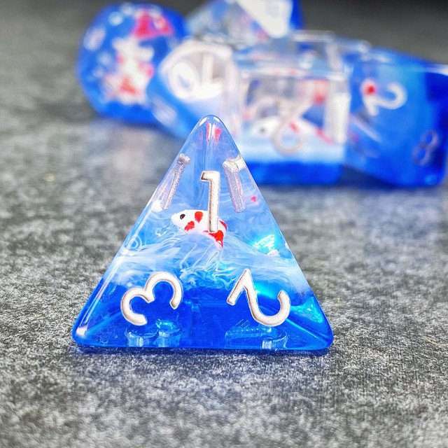 Sage's Familiars- Red Fish in Ocean Familiar Resin Polyhedral Dice Set image 0