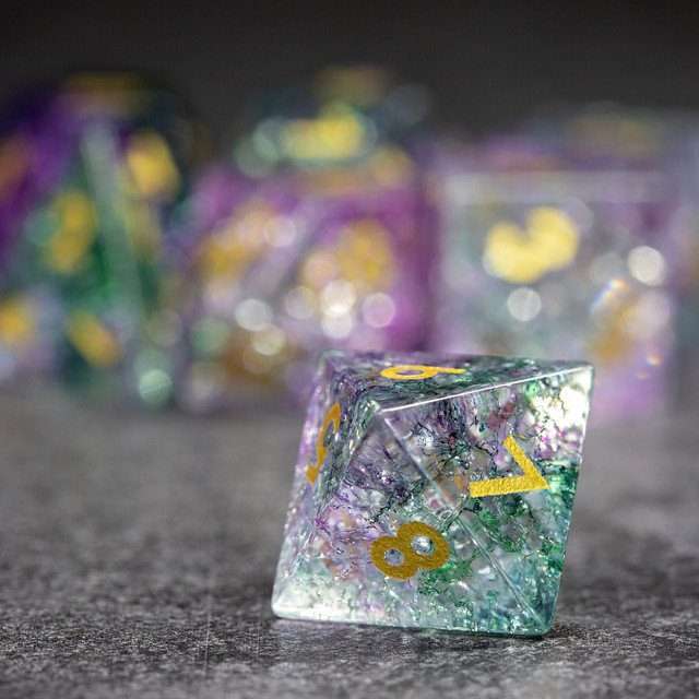 Sage's Kaleidoscopes Purple/Green Cracked Glass Gloss Finish Polyhedral Dice Set image 5
