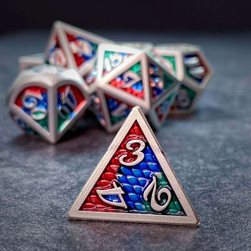 Sage's Dragonstones - Pearl Silver Chromatic Scales Metal Polyhedral Dice Set image 8
