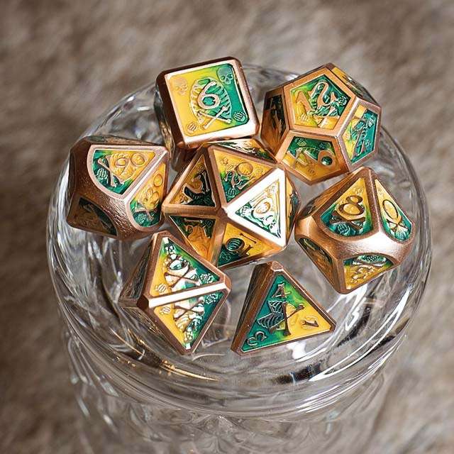 Sage's Grim's Fortunes - Bronze Peach/Green Skull-Bones Metal Polyhedral Dice Set image 0