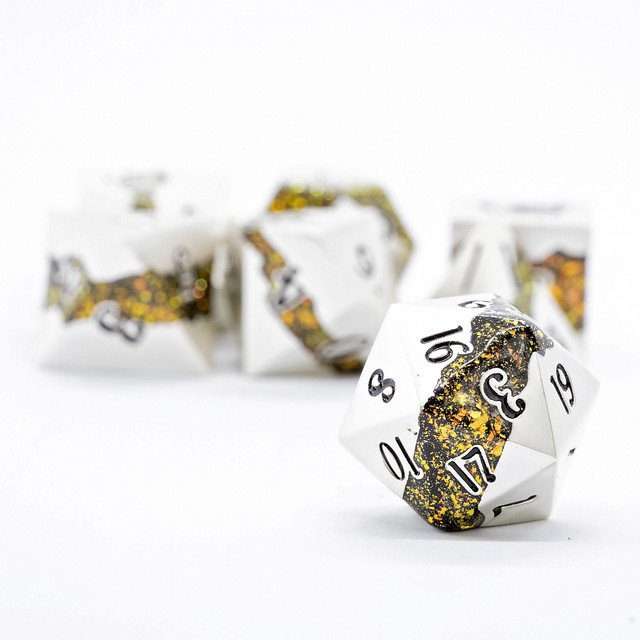 Sage's Rift Stones - Pearl Silver/Chartreuse Metal Polyhedral Dice Set image 2
