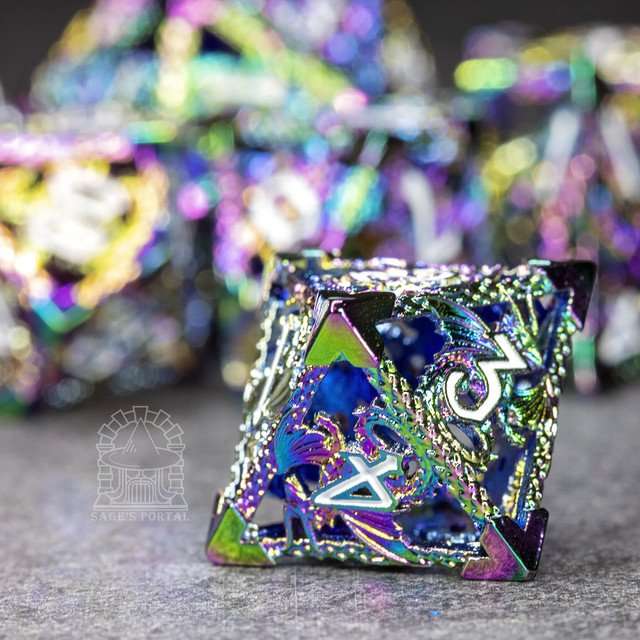 Sage's Dragonstones - Rainbow Noble Dragon Hollow Metal Polyhedral Dice Set image 4