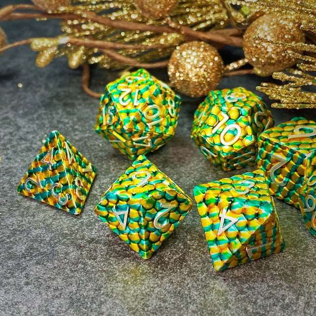 Sage's Dragonstones - Scaled Eggs Green/Yellow Metal Polyhedral Dice image 9