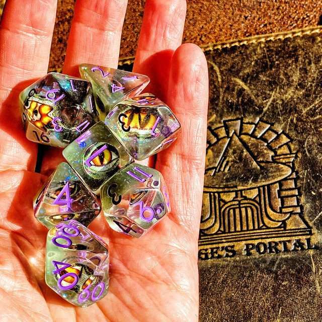 Sage's Bottled Yellow/Green Dragon Eyes Resin Polyhedral Dice Set image 5