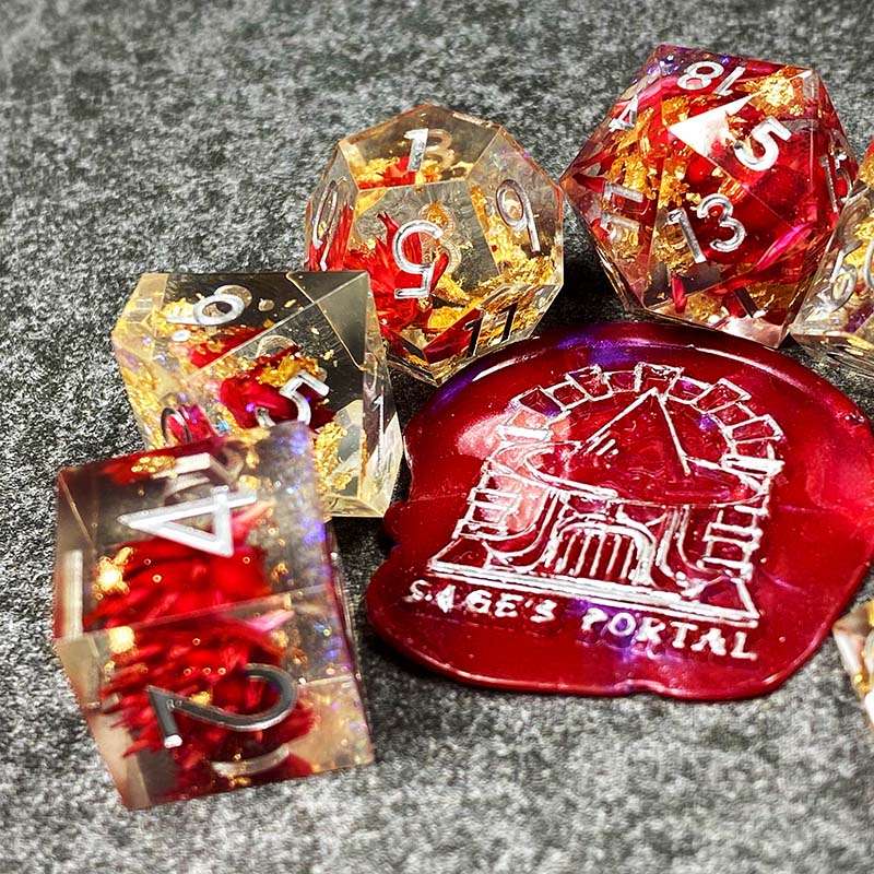 Sage’s Enchanted Flower Red/Silver Ink Sharp Edge Resin Polyhedral Dice Set image 18