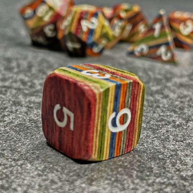 Sage’s Trees - Blue/Yellow/Orange Technical Wood White Ink Polyhedral Dice Set image 6
