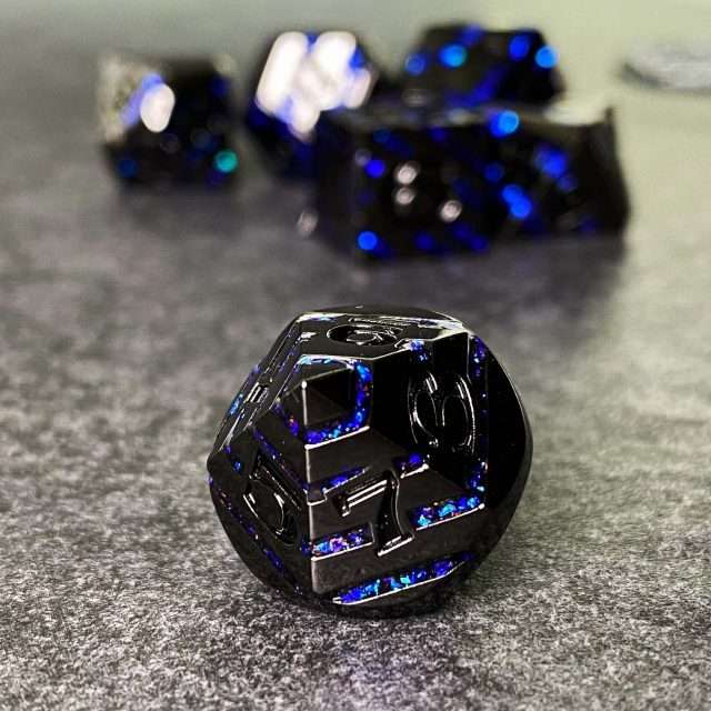 Sage's Dimension Stones - Dark Silver Glitter Blue Stripes Black Ink Metal Polyhedral Dice Set image 5