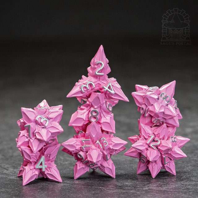 Sage's Deadly Blossoms Painted Pink Metal Polyhedral Dice Set image 9