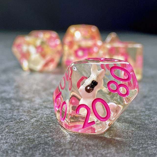 Sage's Familiars- Bunny Familiar Resin Pink Polyhedral Dice Set image 5