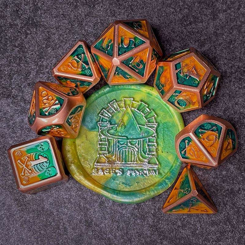Sage's Grim's Fortunes - Bronze Peach/Green Skull-Bones Metal Polyhedral Dice Set image 1
