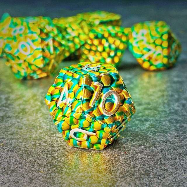 Sage's Dragonstones - Scaled Eggs Green/Yellow Metal Polyhedral Dice image 5